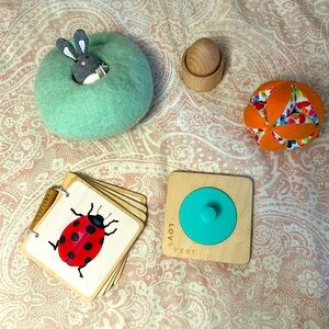 Lovevery Toys for baby! Bunny set, grip ball, wood book, egg and pincer puzzle.